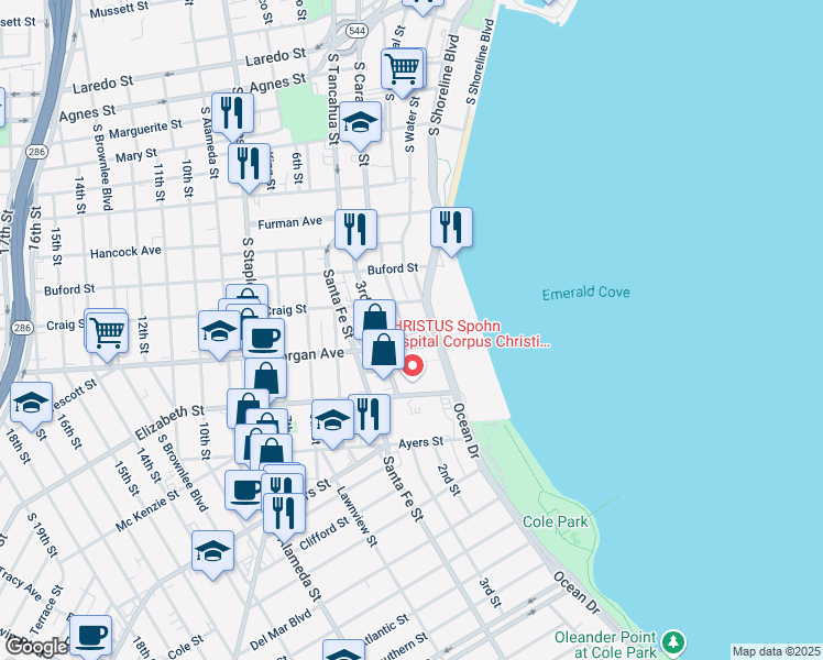 map of restaurants, bars, coffee shops, grocery stores, and more near 1217 Ocean Drive in Corpus Christi