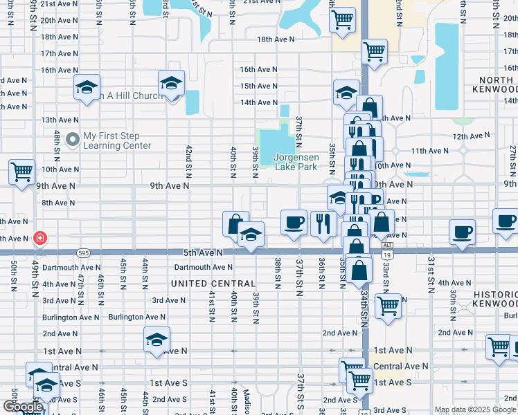 map of restaurants, bars, coffee shops, grocery stores, and more near 740 Lafayette Street North in Saint Petersburg