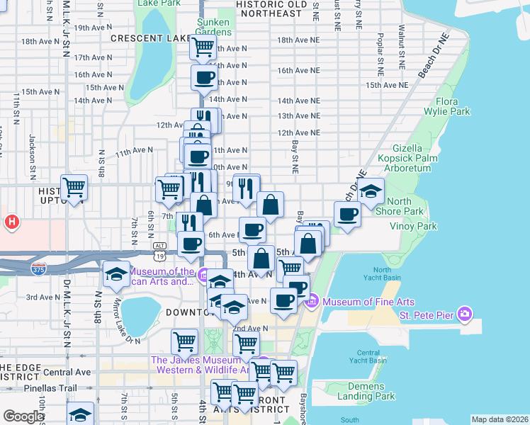map of restaurants, bars, coffee shops, grocery stores, and more near 122 8th Avenue North in St. Petersburg