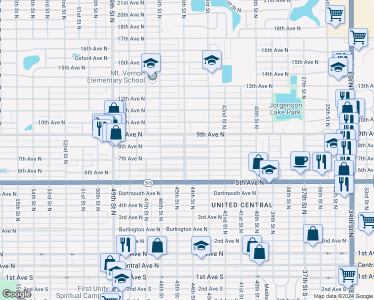 map of restaurants, bars, coffee shops, grocery stores, and more near 4442 8th Avenue North in Saint Petersburg
