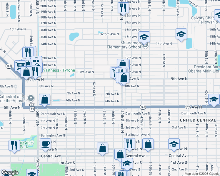 map of restaurants, bars, coffee shops, grocery stores, and more near 5010 8th Avenue North in St. Petersburg