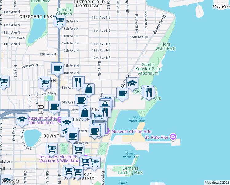 map of restaurants, bars, coffee shops, grocery stores, and more near 700 Beach Drive Northeast in Saint Petersburg
