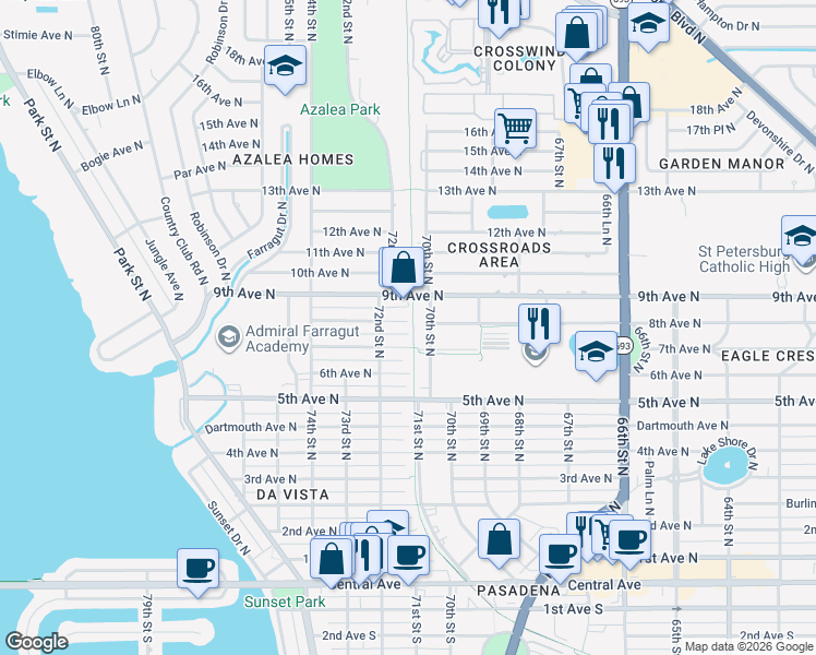 map of restaurants, bars, coffee shops, grocery stores, and more near 7100 8th Avenue North in St. Petersburg