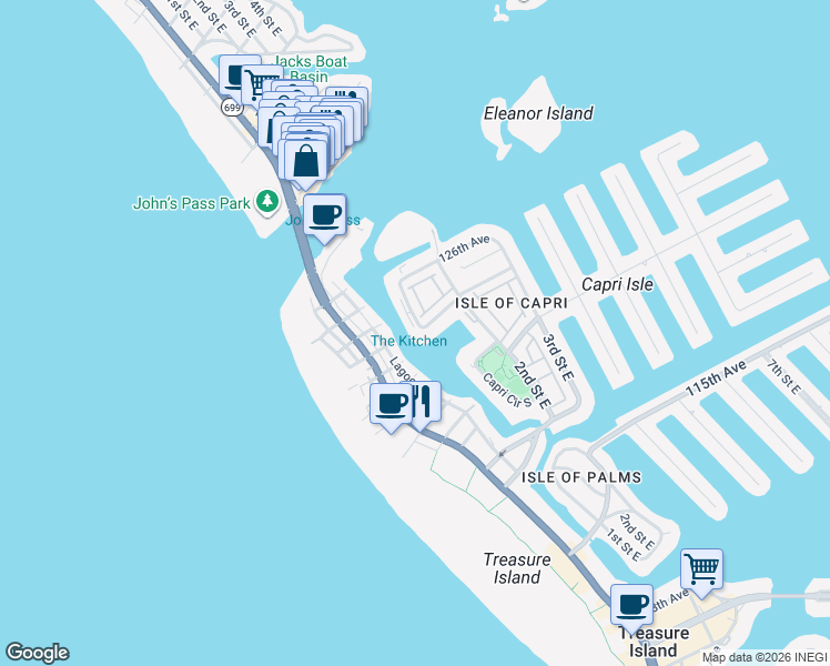 map of restaurants, bars, coffee shops, grocery stores, and more near 12356 Capri Circle North in Treasure Island
