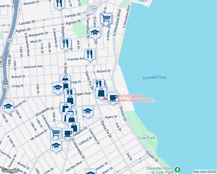 map of restaurants, bars, coffee shops, grocery stores, and more near 1217 Ocean Drive in Corpus Christi