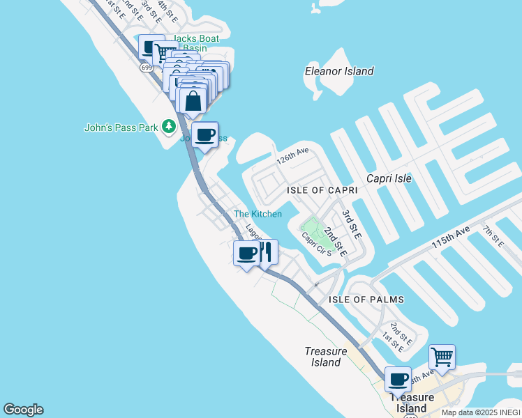 map of restaurants, bars, coffee shops, grocery stores, and more near 7 Key Capri in Treasure Island