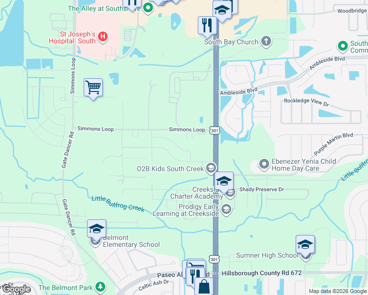 map of restaurants, bars, coffee shops, grocery stores, and more near 6616 Simmons Loop in Riverview