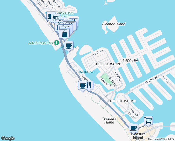 map of restaurants, bars, coffee shops, grocery stores, and more near 12356 Capri Circle North in Treasure Island