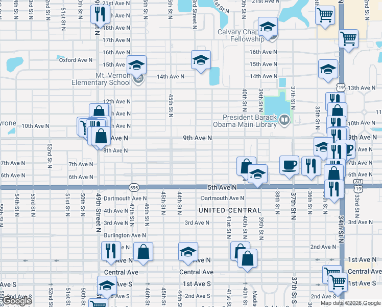 map of restaurants, bars, coffee shops, grocery stores, and more near 4320 8th Avenue North in St. Petersburg