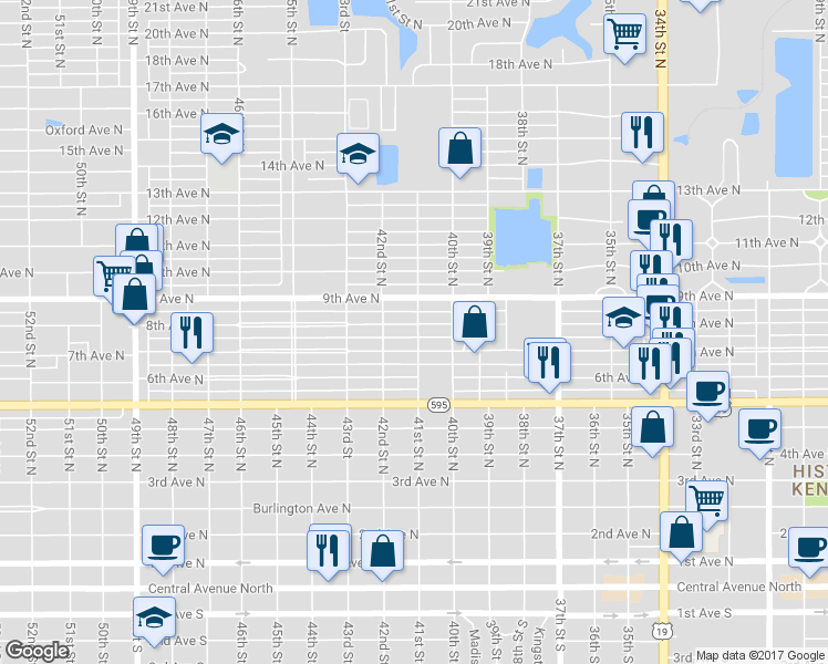 map of restaurants, bars, coffee shops, grocery stores, and more near 4100 8th Avenue North in St. Petersburg