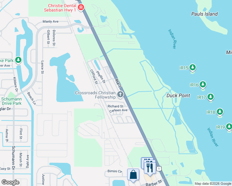 map of restaurants, bars, coffee shops, grocery stores, and more near 10305 U.S. 1 in Sebastian
