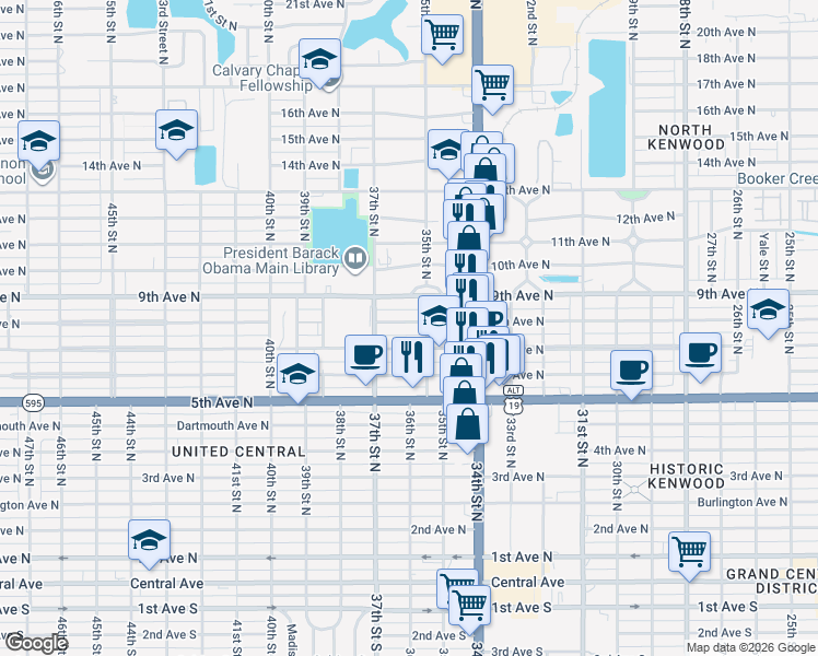 map of restaurants, bars, coffee shops, grocery stores, and more near 3530 8th Avenue North in St. Petersburg