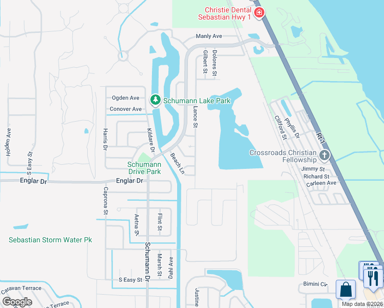 map of restaurants, bars, coffee shops, grocery stores, and more near 998 Laredo Lane in Sebastian