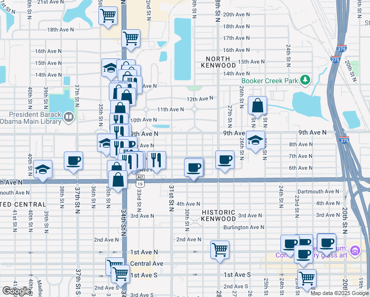 map of restaurants, bars, coffee shops, grocery stores, and more near 3002 8th Avenue North in Saint Petersburg