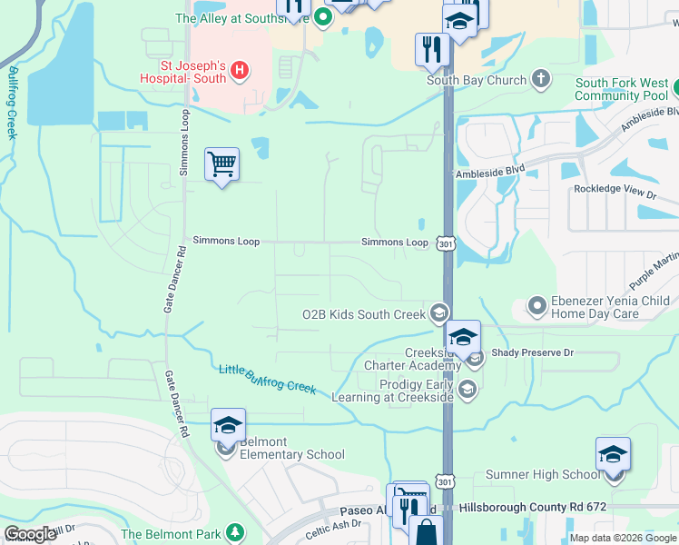 map of restaurants, bars, coffee shops, grocery stores, and more near 6634 Simmons Loop in Riverview