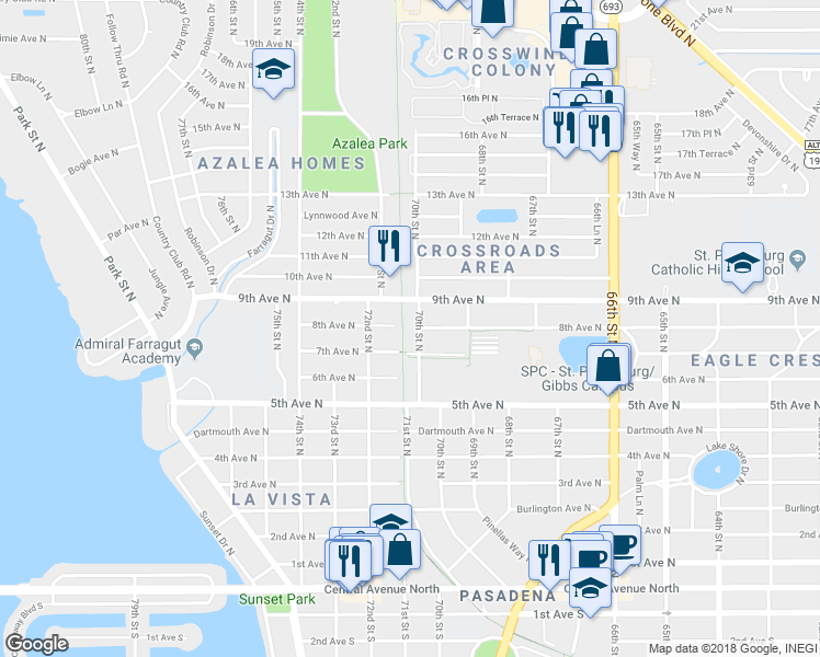 map of restaurants, bars, coffee shops, grocery stores, and more near 800 70th Street North in Saint Petersburg