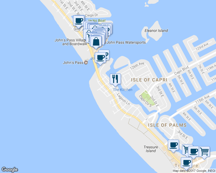 map of restaurants, bars, coffee shops, grocery stores, and more near 12505 Gulf Boulevard in Treasure Island