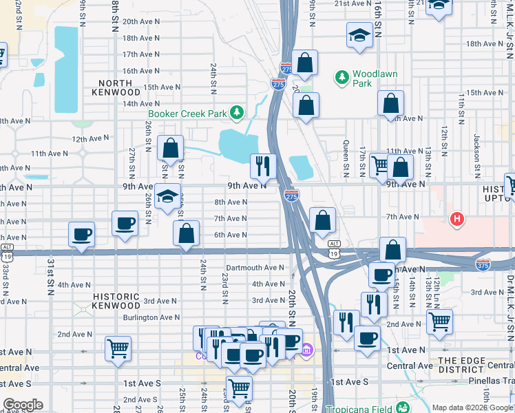map of restaurants, bars, coffee shops, grocery stores, and more near 2142 8th Avenue North in St. Petersburg
