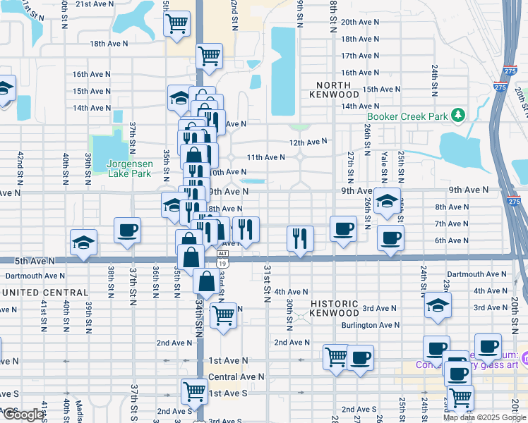 map of restaurants, bars, coffee shops, grocery stores, and more near 736 31st Street North in Saint Petersburg