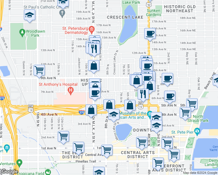 map of restaurants, bars, coffee shops, grocery stores, and more near 726 Grove Street North in St. Petersburg