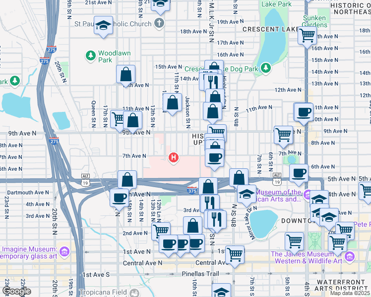 map of restaurants, bars, coffee shops, grocery stores, and more near 725 Jackson Street North in St. Petersburg