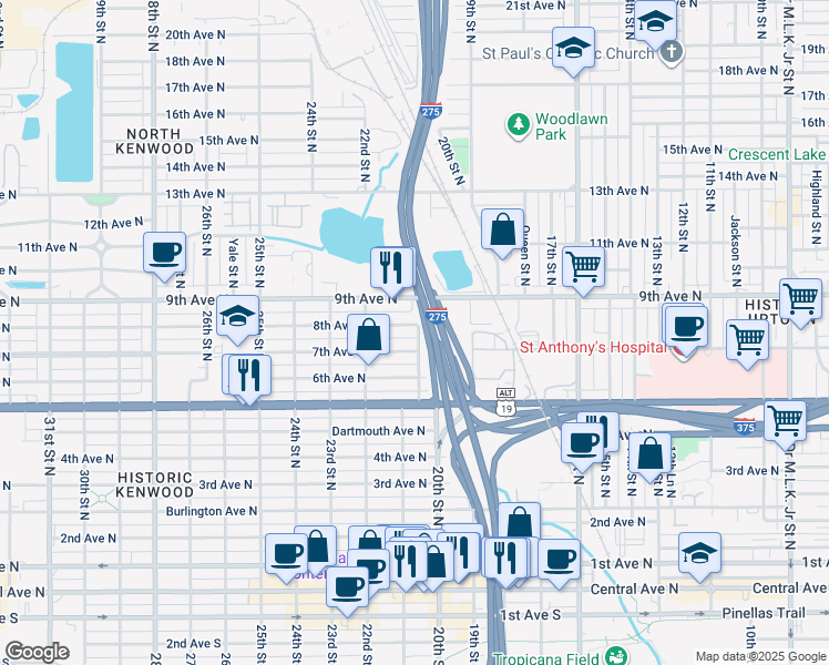 map of restaurants, bars, coffee shops, grocery stores, and more near 716 21st Street North in St. Petersburg