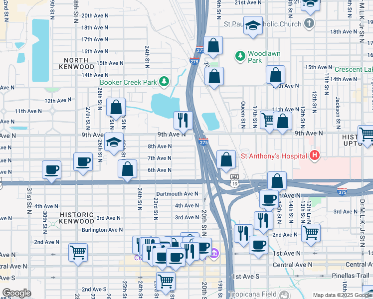 map of restaurants, bars, coffee shops, grocery stores, and more near 2142 8th Avenue North in St. Petersburg