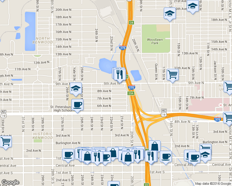 map of restaurants, bars, coffee shops, grocery stores, and more near 2142 8th Avenue North in St. Petersburg