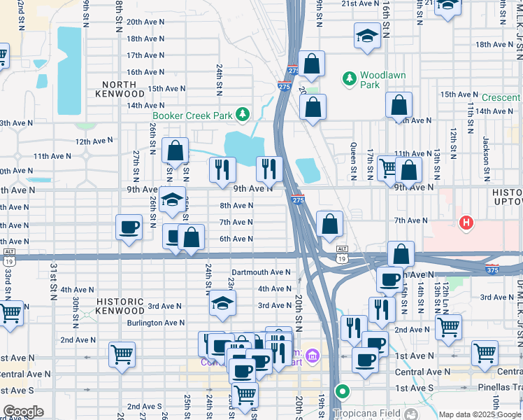 map of restaurants, bars, coffee shops, grocery stores, and more near 2142 8th Avenue North in St. Petersburg