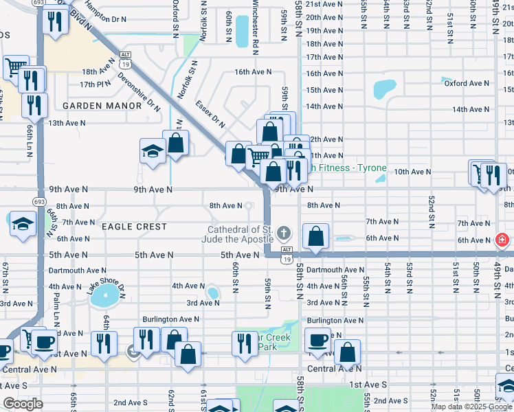 map of restaurants, bars, coffee shops, grocery stores, and more near 810 Tyrone Boulevard North in St. Petersburg
