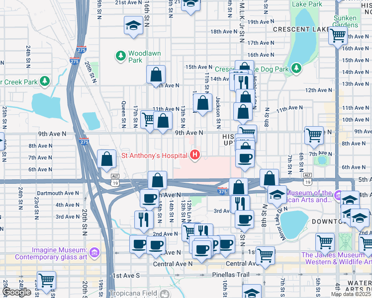 map of restaurants, bars, coffee shops, grocery stores, and more near 725 13th Street North in St. Petersburg