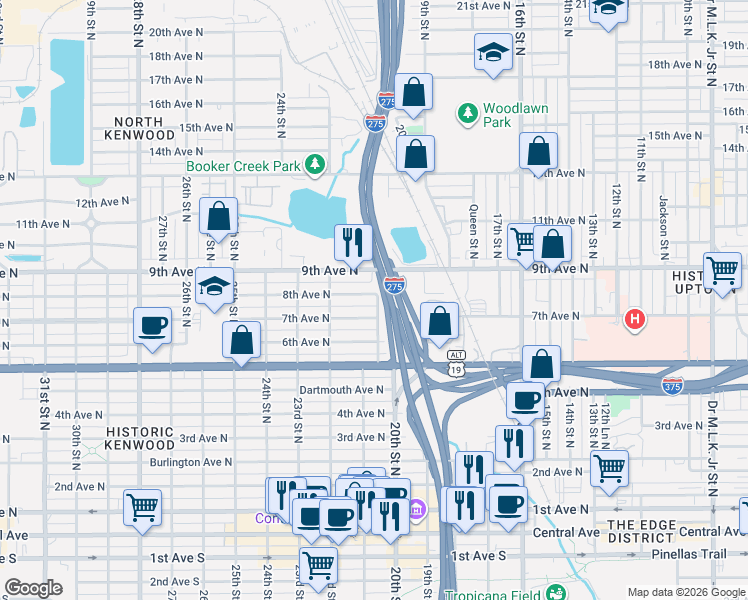 map of restaurants, bars, coffee shops, grocery stores, and more near 716 21st Street North in St. Petersburg