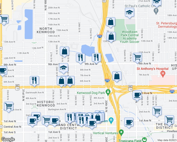 map of restaurants, bars, coffee shops, grocery stores, and more near 2218 8th Avenue North in St. Petersburg