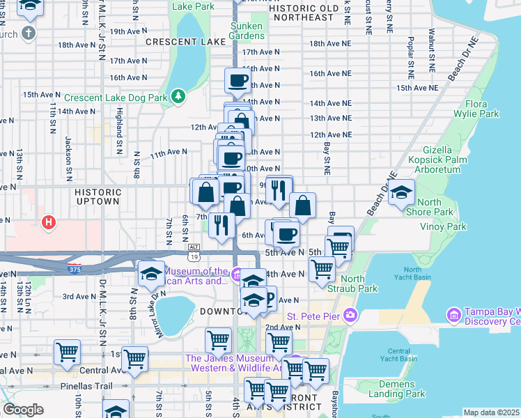 map of restaurants, bars, coffee shops, grocery stores, and more near 733 3rd Street North in Saint Petersburg
