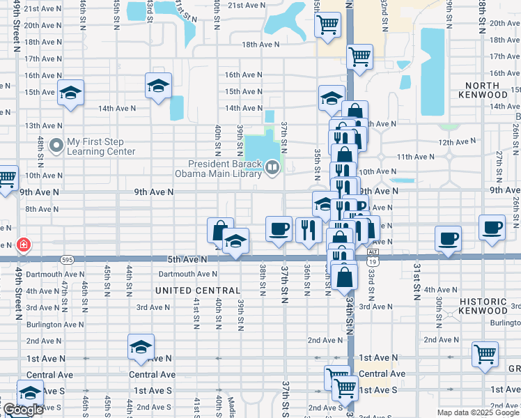 map of restaurants, bars, coffee shops, grocery stores, and more near 3800 9th Ave N in St Petersburg