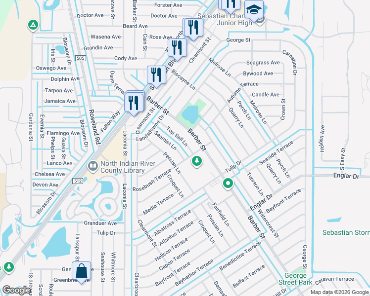 map of restaurants, bars, coffee shops, grocery stores, and more near 1073 Top Sail Lane in Sebastian