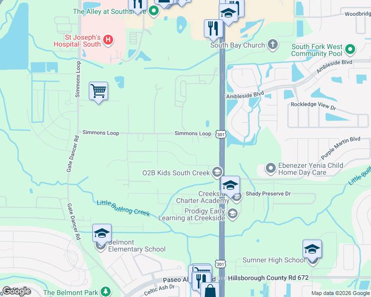 map of restaurants, bars, coffee shops, grocery stores, and more near 6616 Simmons Loop in Riverview