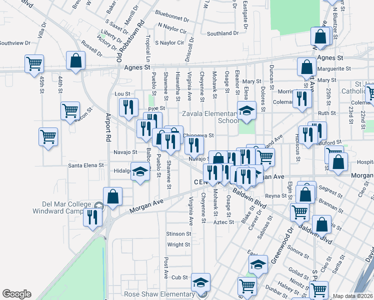 map of restaurants, bars, coffee shops, grocery stores, and more near 429 Virginia Avenue in Corpus Christi