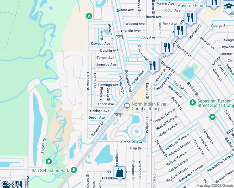 map of restaurants, bars, coffee shops, grocery stores, and more near 1065 Cole Terrace in Sebastian