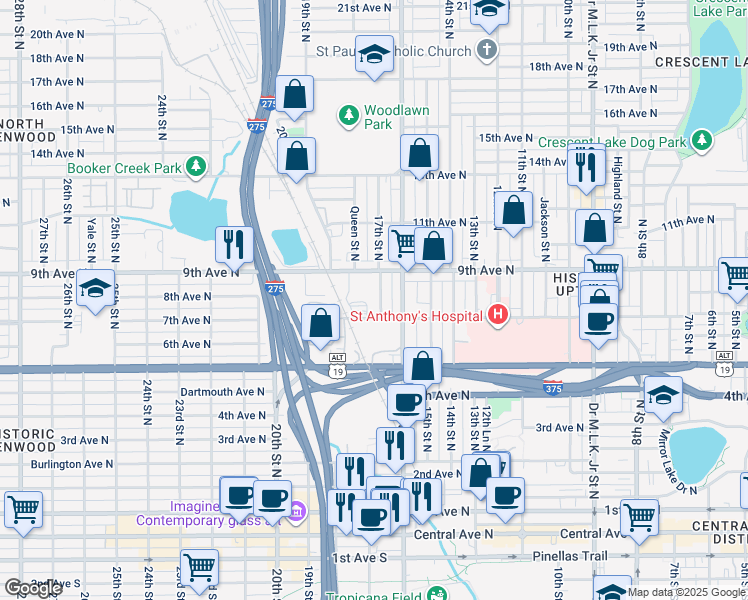 map of restaurants, bars, coffee shops, grocery stores, and more near 736 17th Street North in St. Petersburg