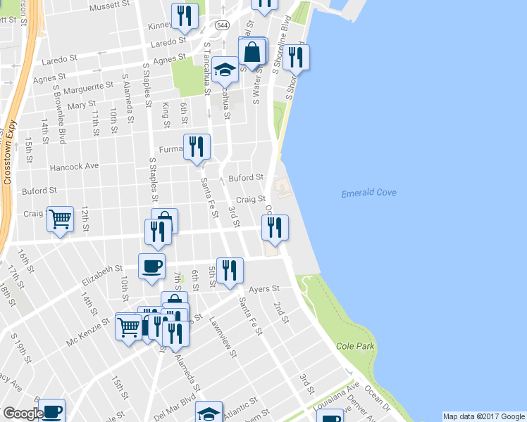 map of restaurants, bars, coffee shops, grocery stores, and more near 1217 Ocean Drive in Corpus Christi