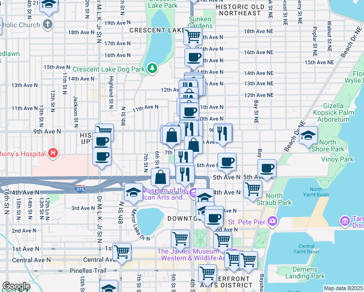 map of restaurants, bars, coffee shops, grocery stores, and more near 727 Dartmoor Street North in St. Petersburg