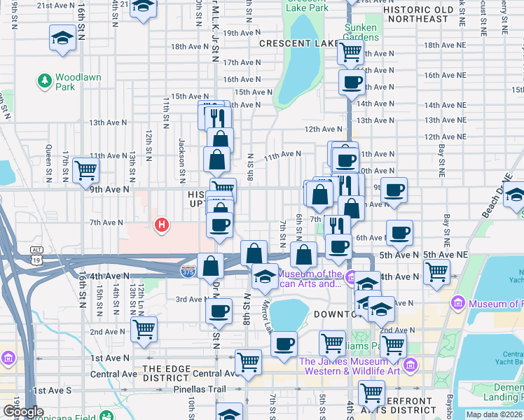 map of restaurants, bars, coffee shops, grocery stores, and more near 726 Grove Street North in St. Petersburg