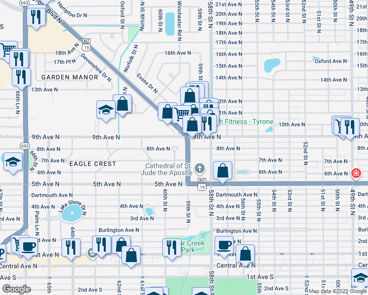 map of restaurants, bars, coffee shops, grocery stores, and more near 810 Tyrone Boulevard North in St. Petersburg