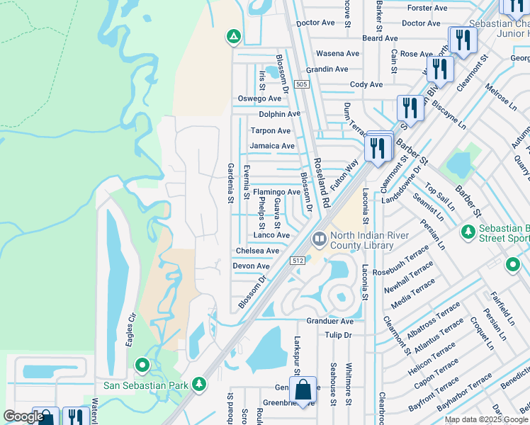 map of restaurants, bars, coffee shops, grocery stores, and more near 1049 Phelps Street in Sebastian