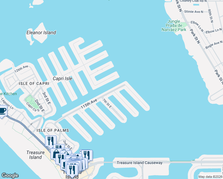 map of restaurants, bars, coffee shops, grocery stores, and more near 750 115th Avenue in Treasure Island