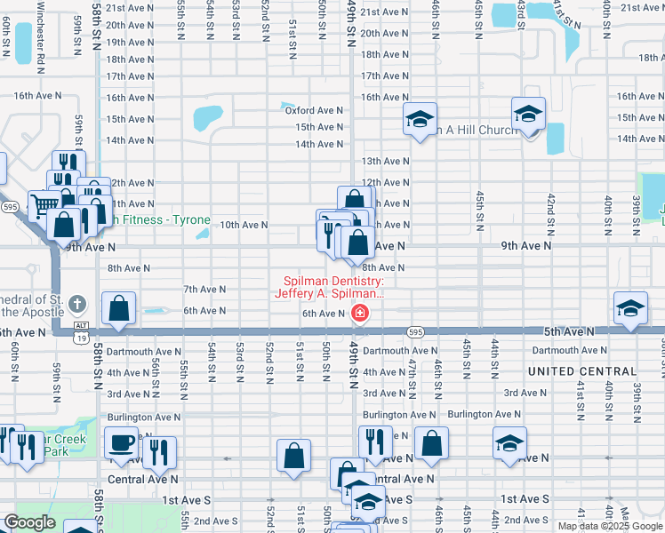 map of restaurants, bars, coffee shops, grocery stores, and more near 840 49th Street North in St. Petersburg
