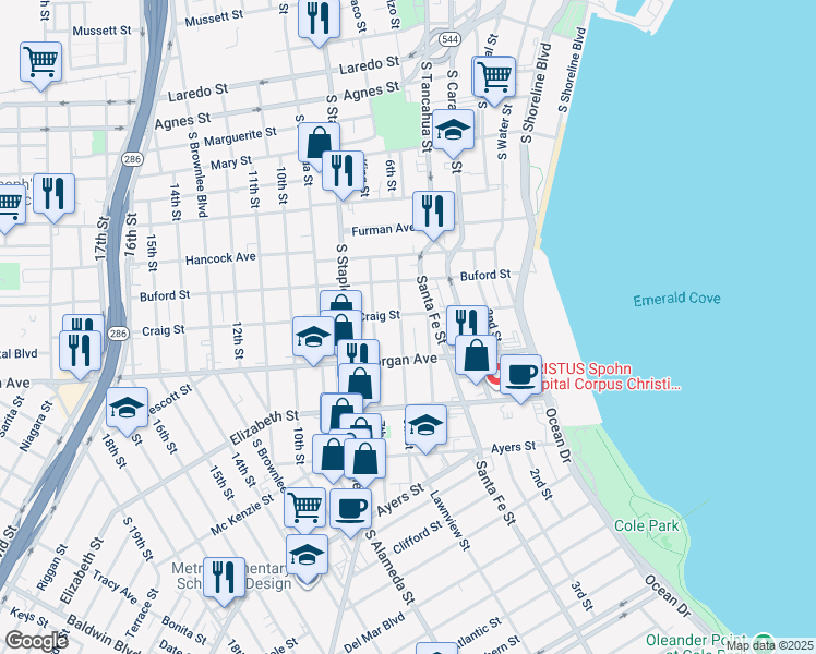 map of restaurants, bars, coffee shops, grocery stores, and more near 1206 6th Street in Corpus Christi