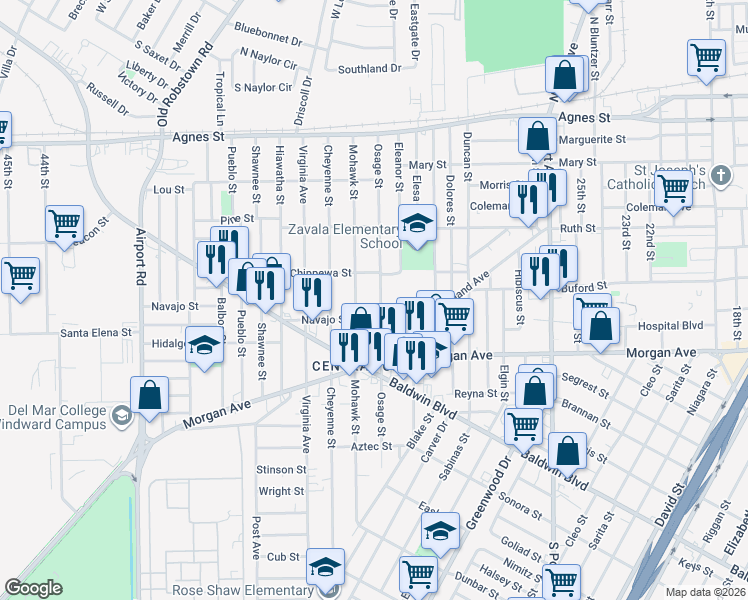 map of restaurants, bars, coffee shops, grocery stores, and more near 433 Osage Street in Corpus Christi