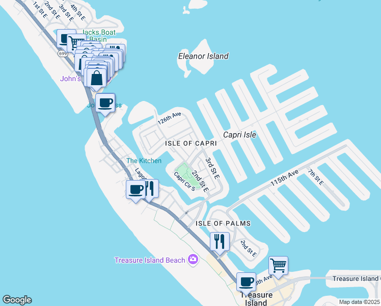 map of restaurants, bars, coffee shops, grocery stores, and more near 216 Sun Vista Court South in Treasure Island